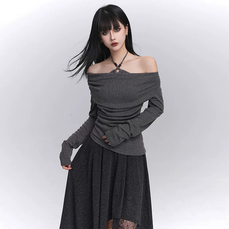 Gray Off Shoulder Top for Women – Layered Fitted Top