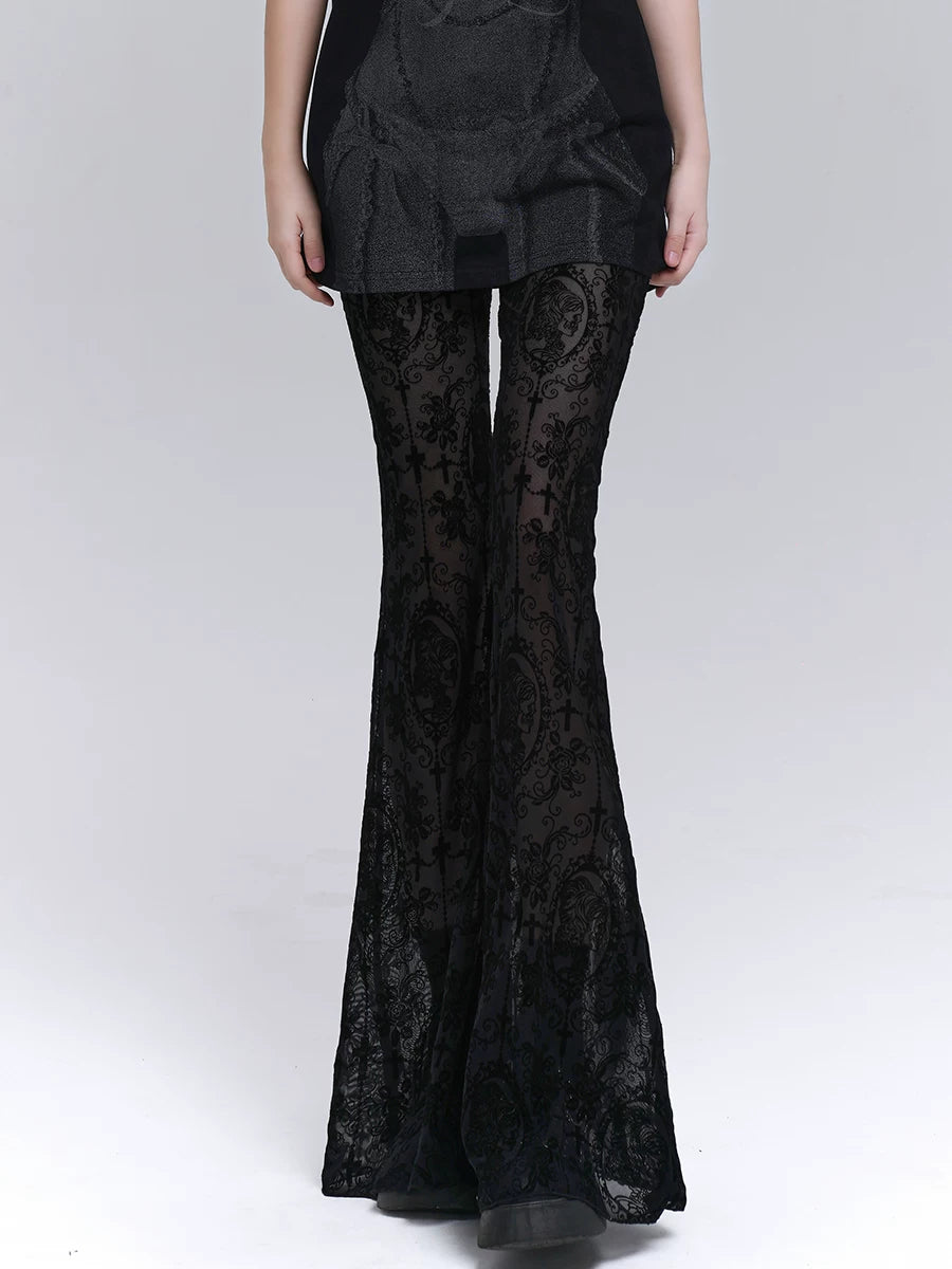 Black Lace Flared Pants for Women – Gothic Slim Fit Pants