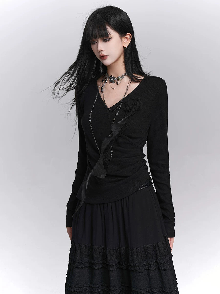 Black V-Neck Long Sleeve Top for Women – Fitted Slim Top