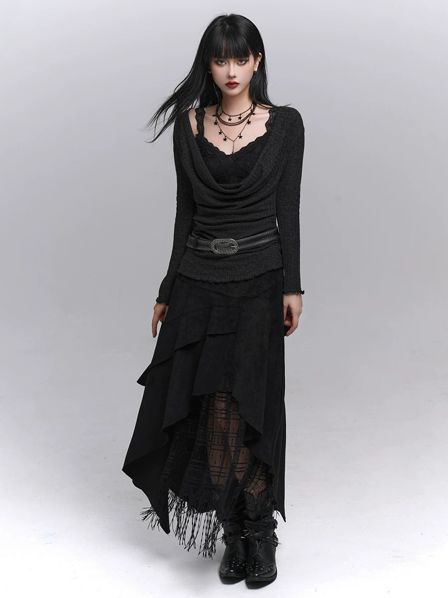 Suede Brown A-Line Maxi Skirt Set for Women – Long Sleeve Blouse, Vintage-Inspired Dark Academia Outfit