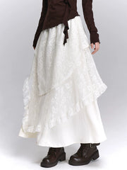 Brown High-Waisted Lace Maxi Skirt for Women – Layered A-Line Long Skirt