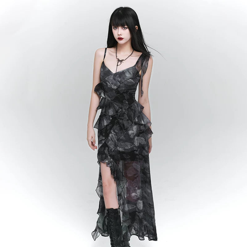Purple Asymmetrical Suspender Maxi Dress for Women – Gothic-Inspired A-Line Dress