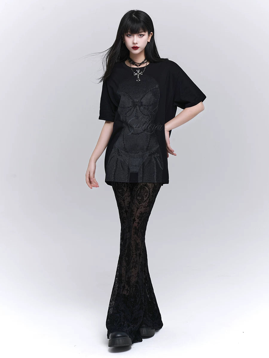 Black Lace Flared Pants for Women – Gothic Slim Fit Pants