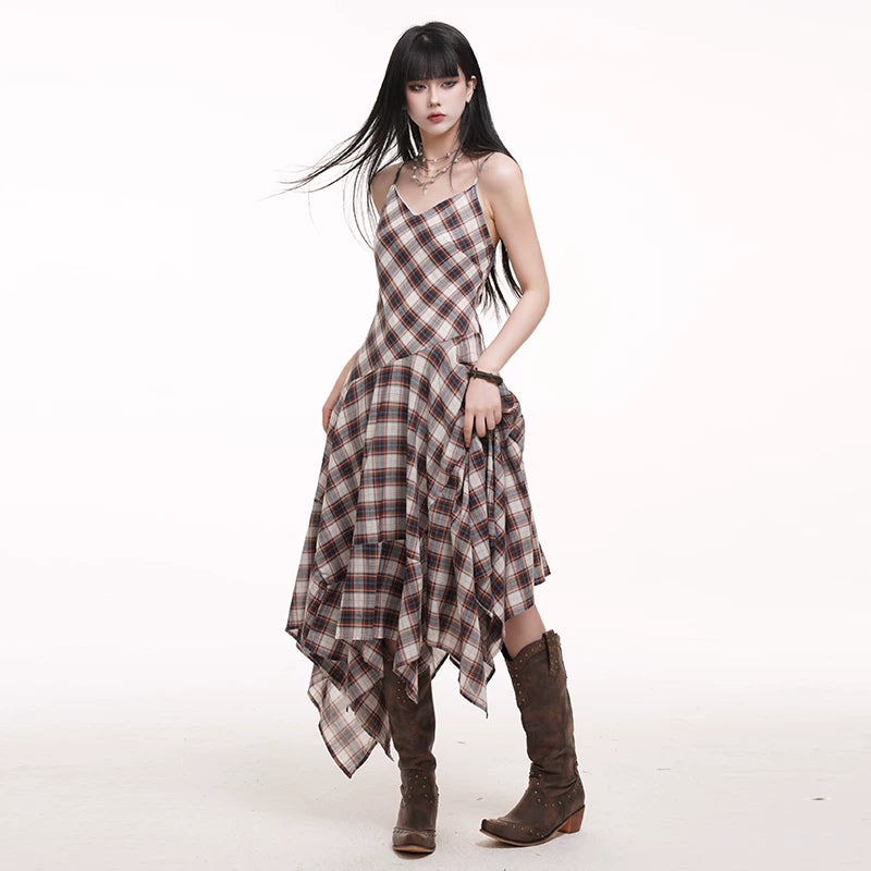 Plaid Asymmetrical Suspender Maxi Dress for Women – A-Line Flowy Long Dress