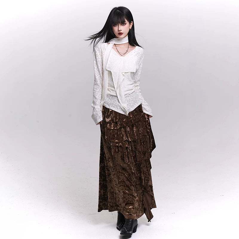 Women’s Brown Velvet Maxi Skirt – Asymmetrical Long Skirt