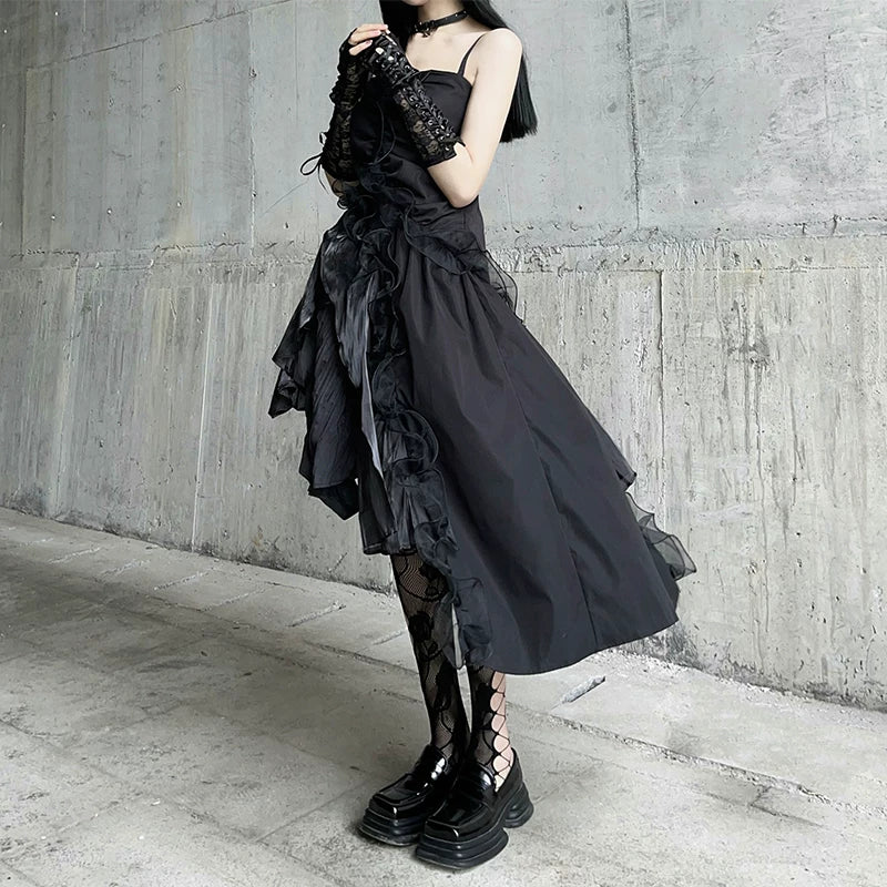 Black Gothic Asymmetrical Suspender Mini Dress for Women – Sleeveless A-Line Dress