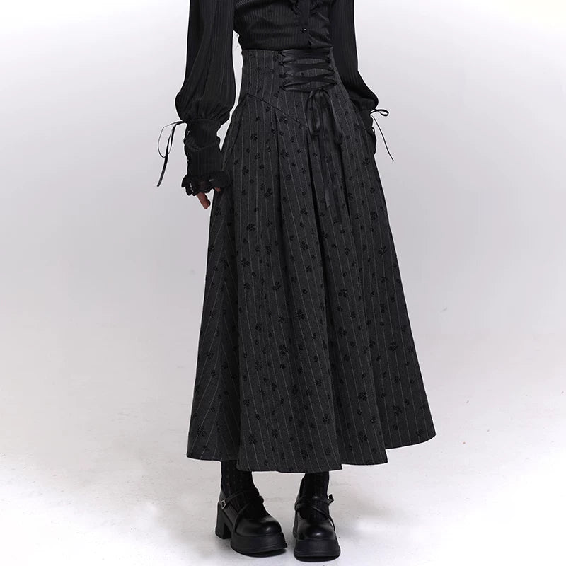Women’s Gray Striped A-Line Skirt – High Waisted Midi Skirt for Fall