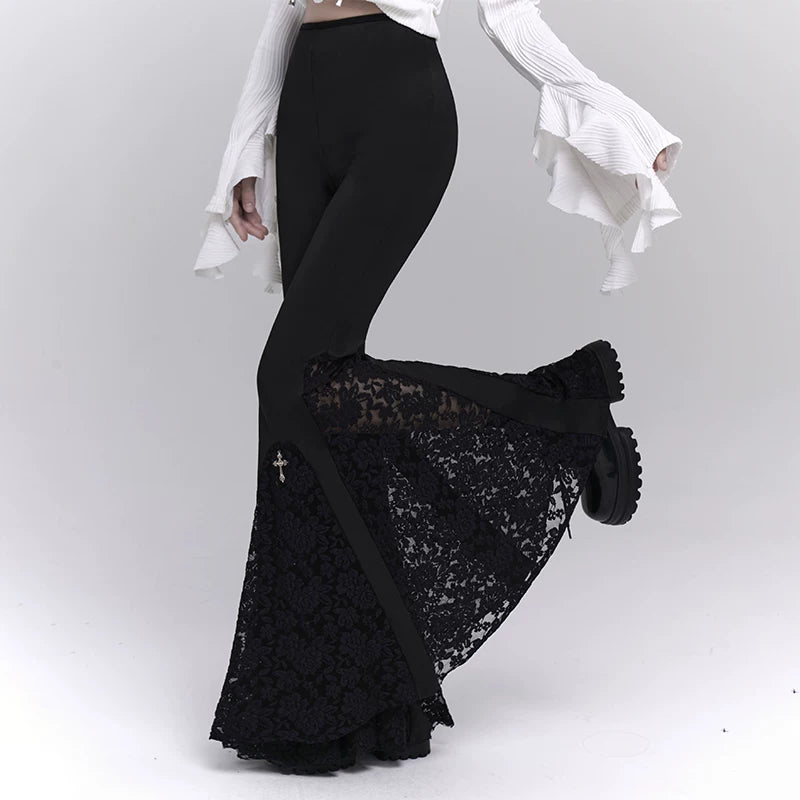Women’s Black High-Waisted Flared Pants with Cross Detail – Gothic Style Wide Leg Trousers