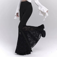 Women’s Black High-Waisted Flared Pants with Cross Detail – Gothic Style Wide Leg Trousers