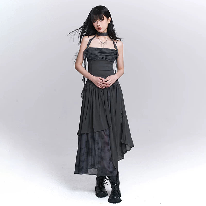 Women’s Gray Strappy Maxi Dress – Asymmetrical A-Line Long Dress
