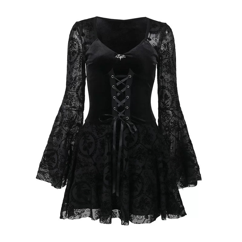 Women’s Black Gothic Midi Dress – Retro Style A-Line Dress for Parties