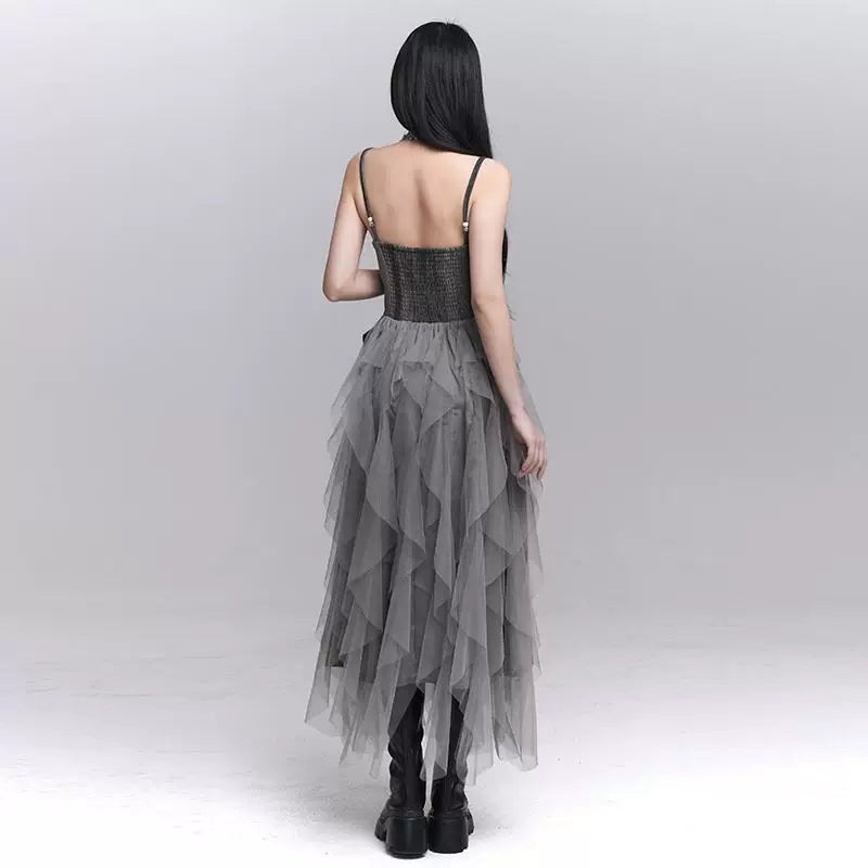 Gray Mesh Suspender Maxi Dress for Women – Gothic-Inspired A-Line Long Dress