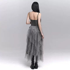 Gray Mesh Suspender Maxi Dress for Women – Gothic-Inspired A-Line Long Dress