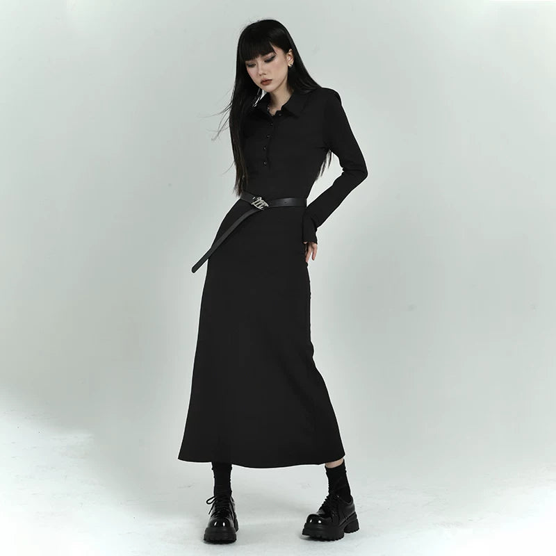 Black Long Sleeve Polo Dress for Women – Fitted Mini Shirt Dress