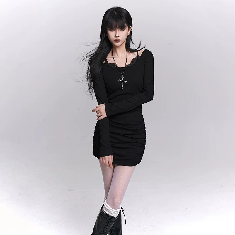 Women’s Gray Bodycon Dress – Faux Two-Piece Slim Fit Mini Dress