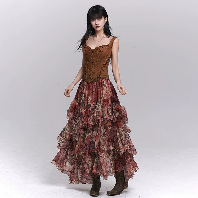 Women’s Red Floral Maxi Skirt – Tiered A-Line Long Skirt