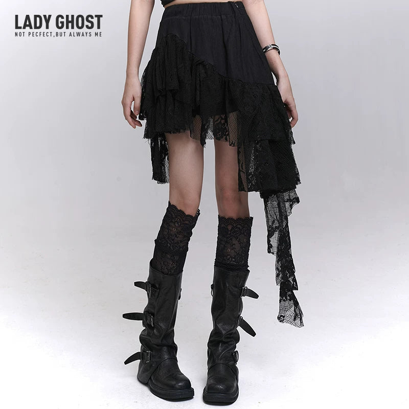 Women’s Black Lace Mini Skirt with Irregular Hem – High-Waisted for Summer and Festivals