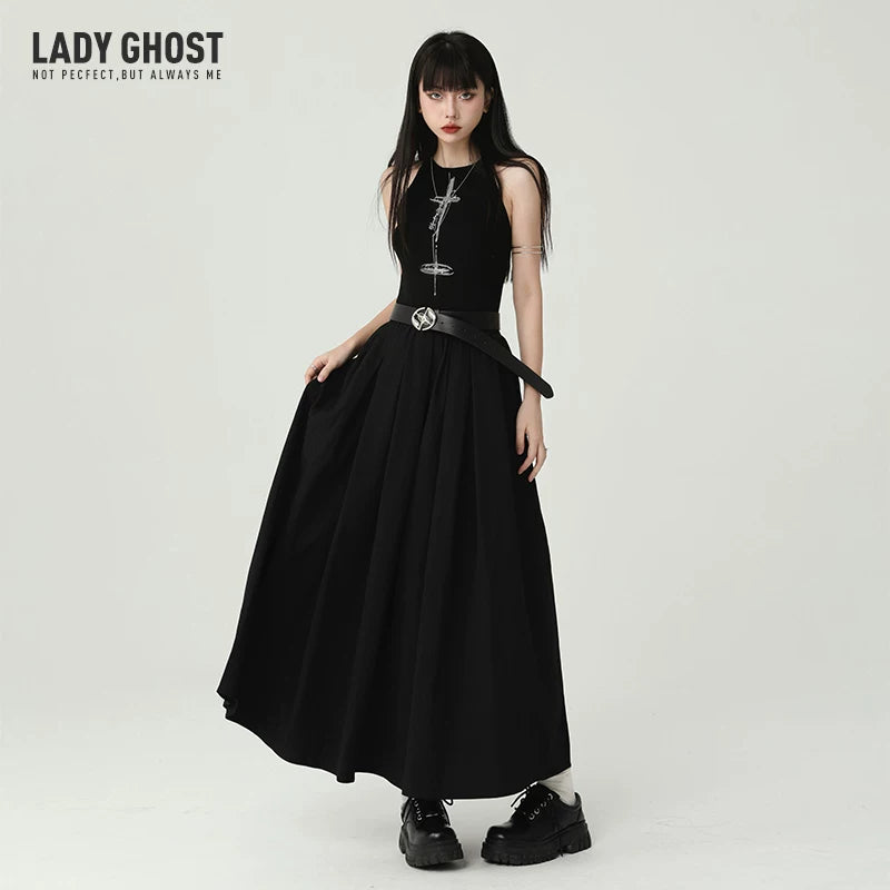 Women’s Black Suspender Maxi Dress – Gothic Style A-Line Long Dress