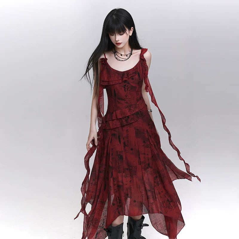 Red Suspender Maxi Dress for Women – Gothic-Inspired A-Line Summer Dress