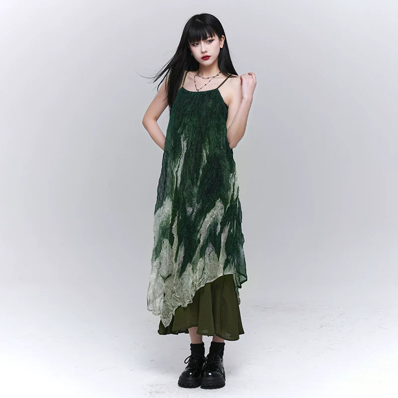 Green Gradient Suspender Maxi Dress for Women – Sleeveless A-Line Dress