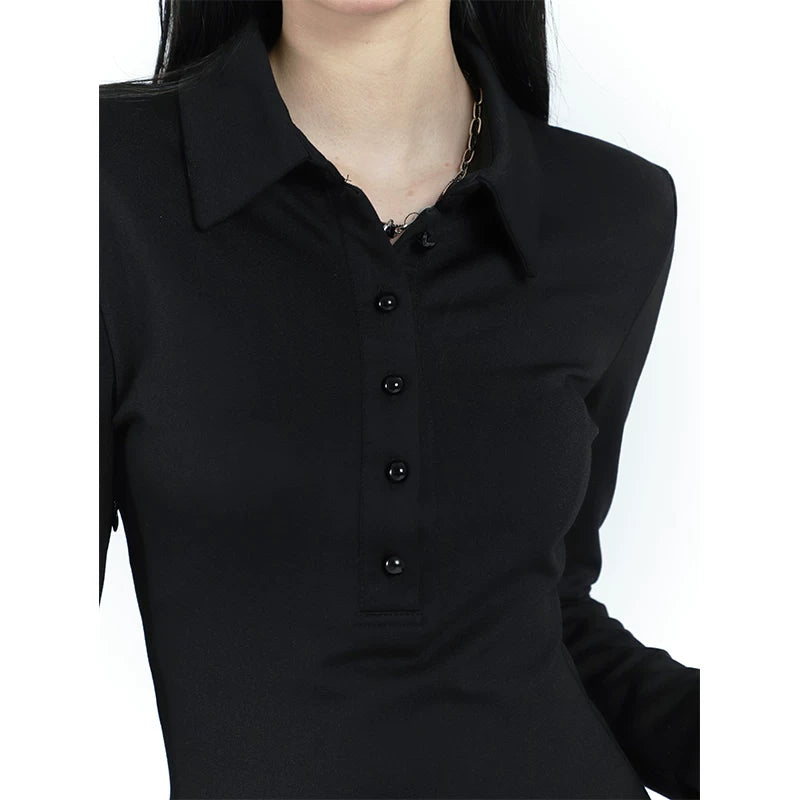 Black Long Sleeve Polo Dress for Women – Fitted Mini Shirt Dress