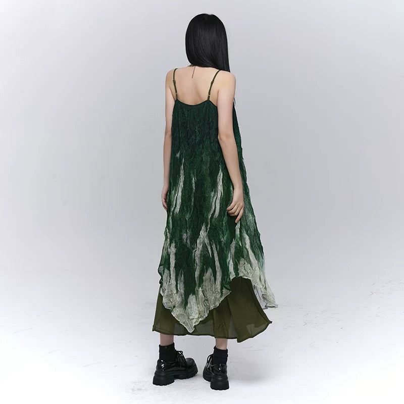 Green Gradient Suspender Maxi Dress for Women – Sleeveless A-Line Dress