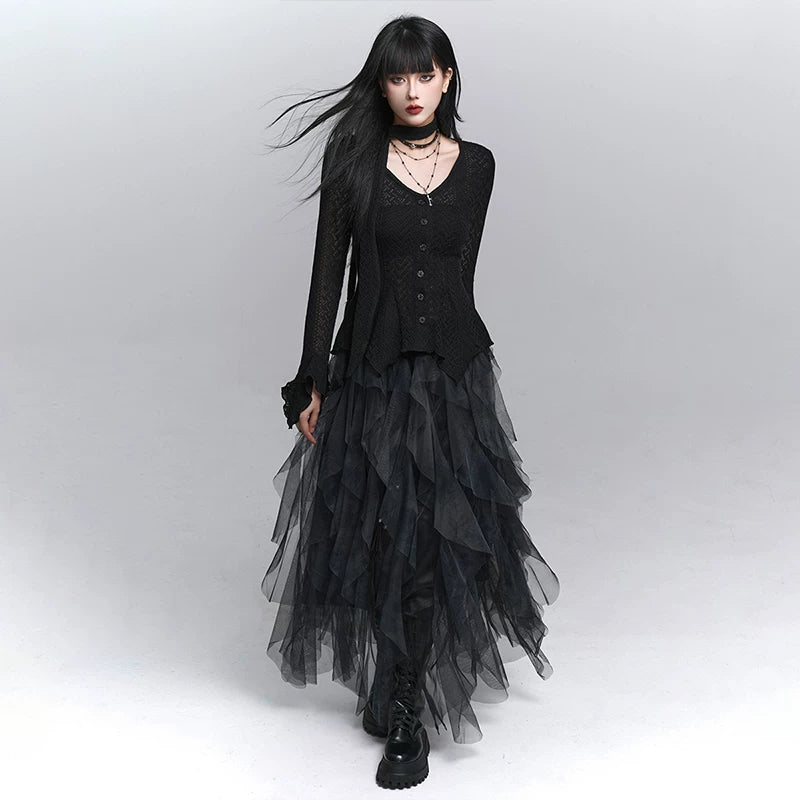 Women’s Black Mesh Midi Skirt with Irregular Hem – High-Waisted for Summer
