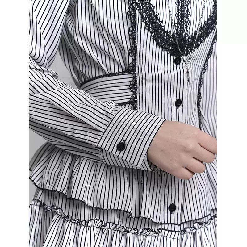 Striped Gothic Shirt Mini Dress for Women – Long Sleeve Button-Up Dress