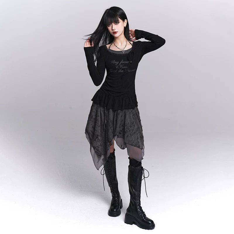 Women’s Black Halter Neck Top – Faux Two-Piece Long Sleeve Slim Fit Top