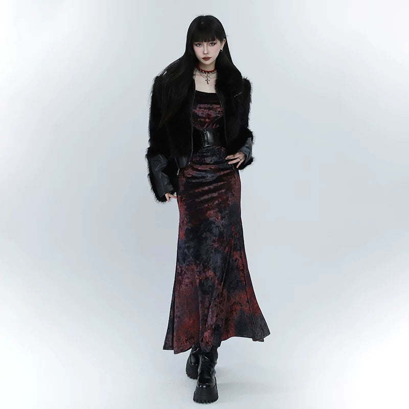 Red Velvet Fishtail Maxi Dress for Women – Elegant Long Sleeve Dress