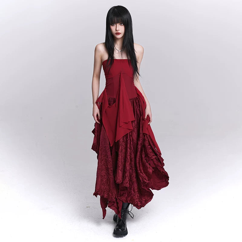 Women’s Red Strapless Dress – Asymmetrical Slim Fit Mini Dress