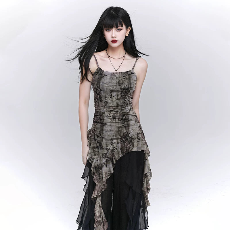 Black Ruffled Camisole Top for Women – Sleeveless Asymmetrical Hem Top