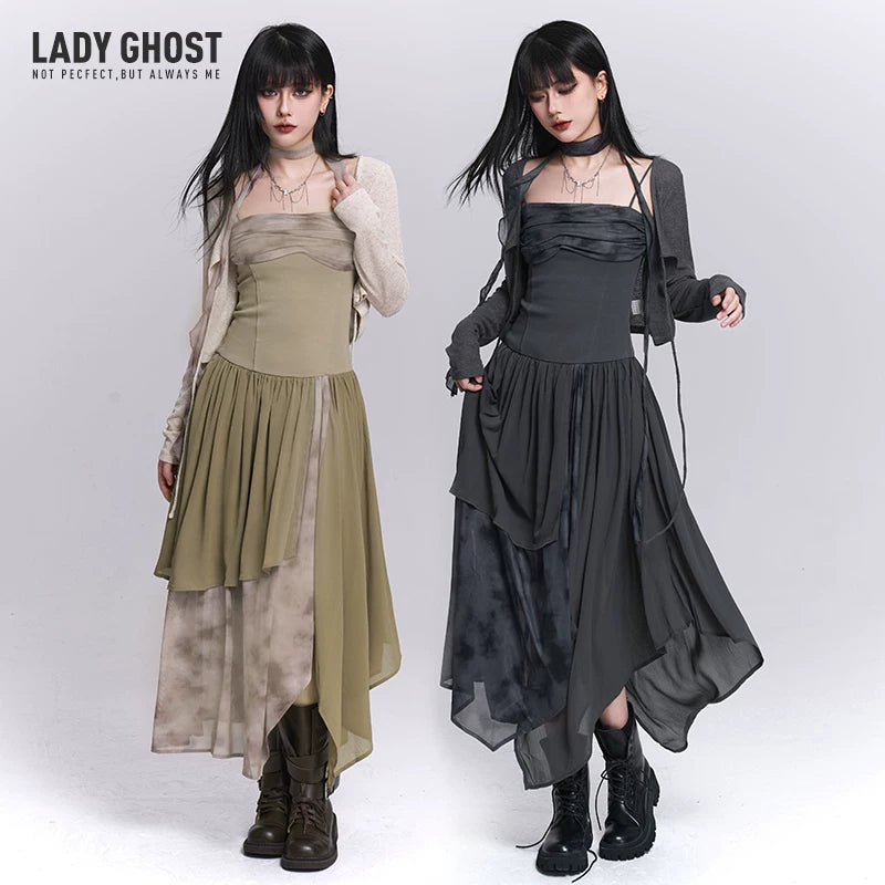 Women’s Gray Strappy Maxi Dress – Asymmetrical A-Line Long Dress