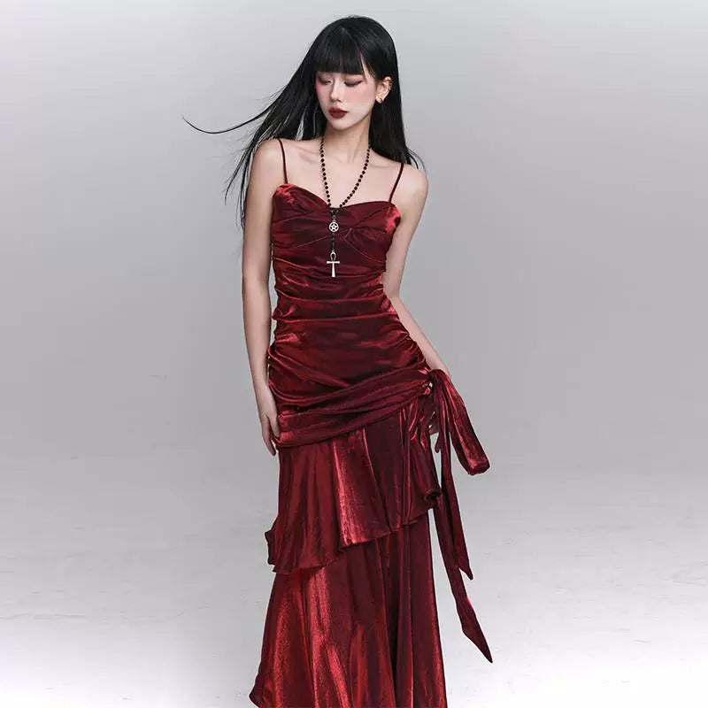 Dark Red A-Line Suspender Maxi Dress for Women – Elegant Gothic-Inspired Evening Dress