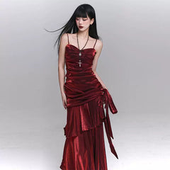 Dark Red A-Line Suspender Maxi Dress for Women – Elegant Gothic-Inspired Evening Dress