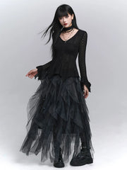 Women’s Black Mesh Midi Skirt with Irregular Hem – High-Waisted for Summer