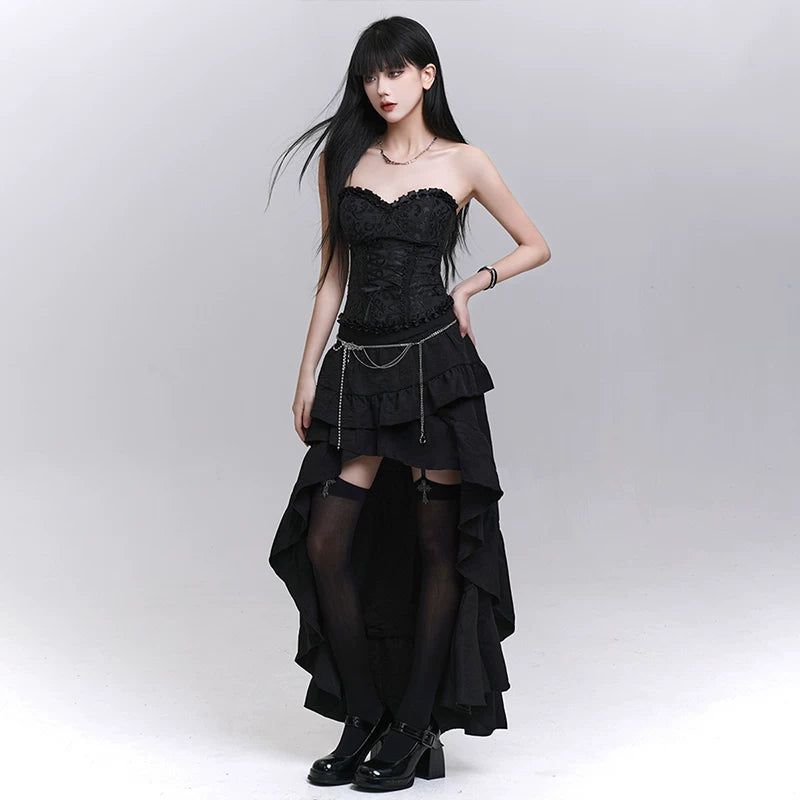 Black Asymmetrical Maxi Skirt for Women – Gothic-Inspired Long Skirt