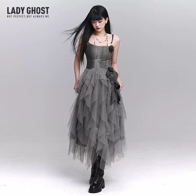 Gray Mesh Suspender Maxi Dress for Women – Gothic-Inspired A-Line Long Dress