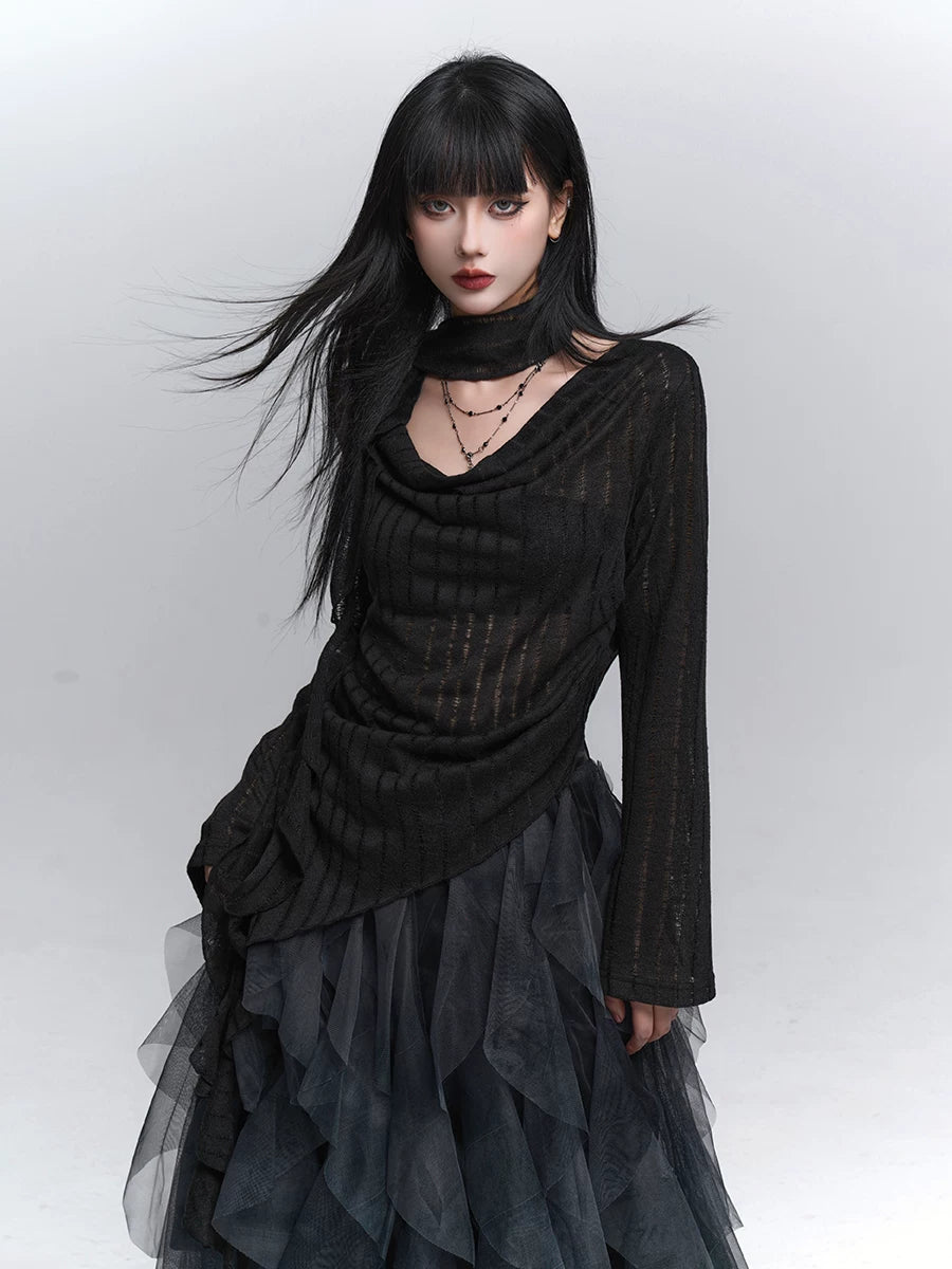 Women’s Black Long Sleeve Blouse with Cut-Out Detail – Lightweight Swing Collar Top for Fall