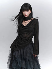 Women’s Black Long Sleeve Blouse with Cut-Out Detail – Lightweight Swing Collar Top for Fall
