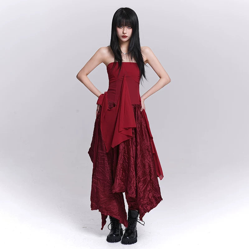 Women’s Red Strapless Dress – Asymmetrical Slim Fit Mini Dress