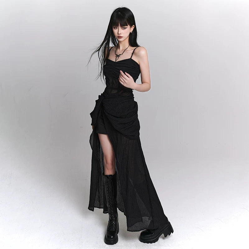 Black Suspender Maxi Dress for Women – Gothic-Inspired A-Line Long Dress