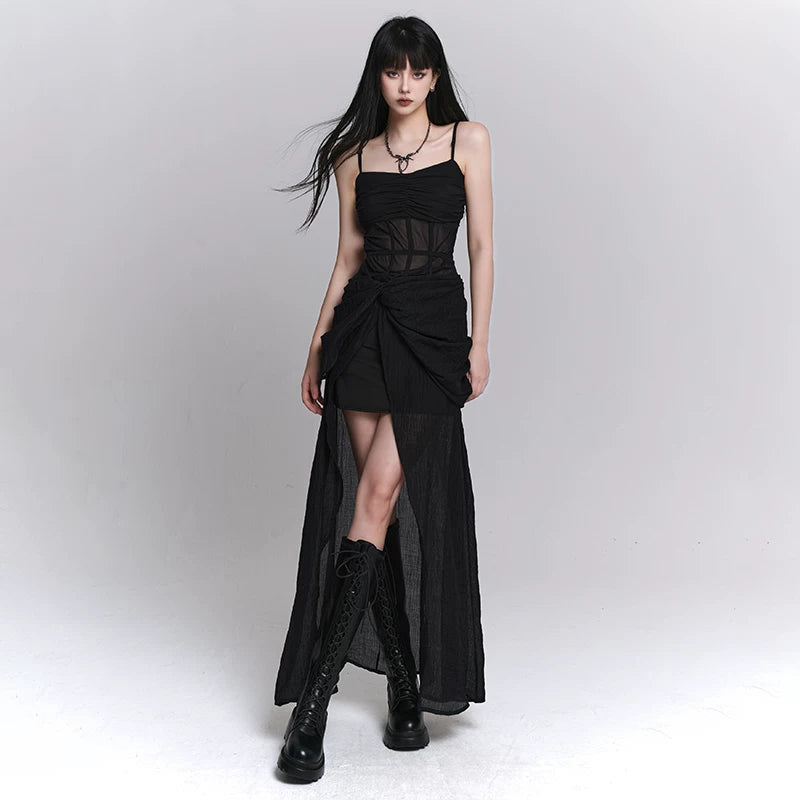 Black Suspender Maxi Dress for Women – Gothic-Inspired A-Line Long Dress
