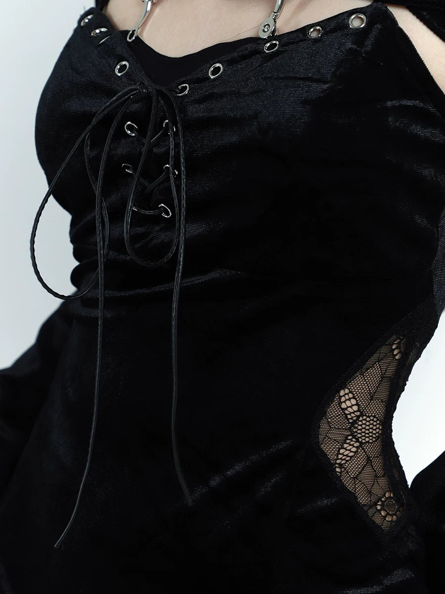 Black Velvet Gothic Dress for Women – Long Sleeve A-Line Dress