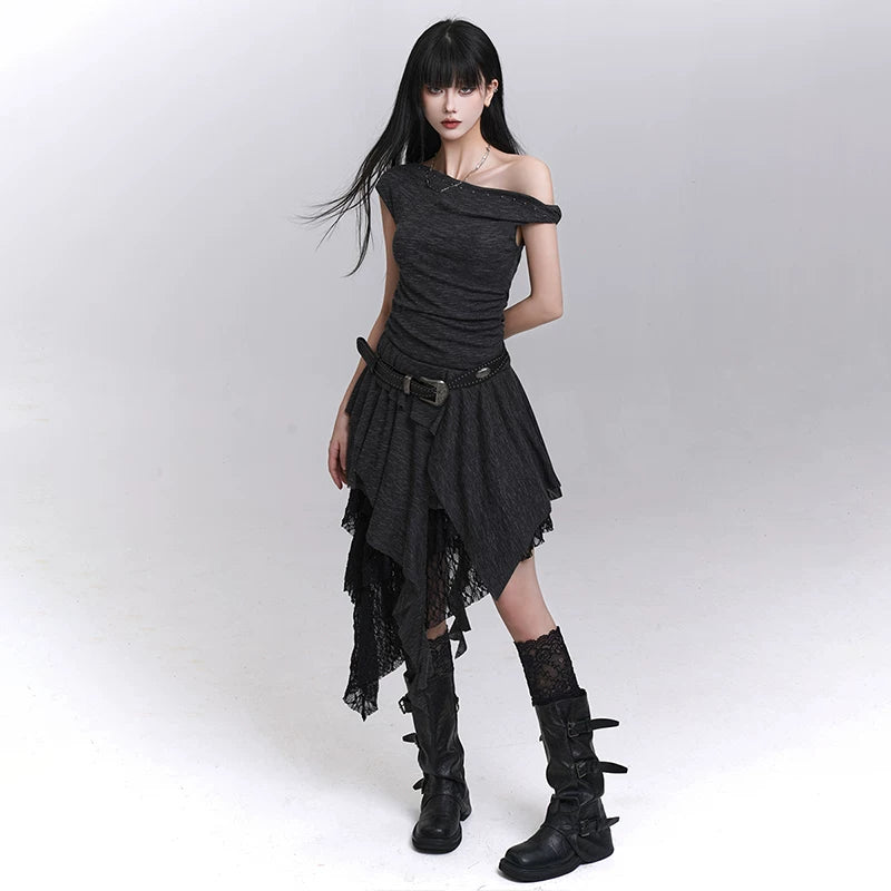 Black One-Shoulder Mini Dress for Women – Gothic-Inspired Asymmetrical Dress