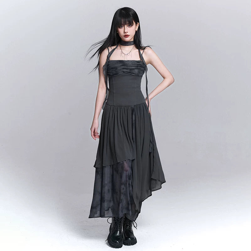 Women’s Gray Strappy Maxi Dress – Asymmetrical A-Line Long Dress