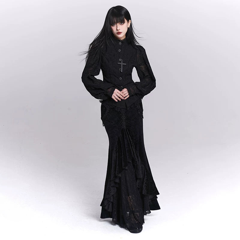 Women’s Black Velvet Midi Skirt – Fishtail Mermaid Hem Skirt