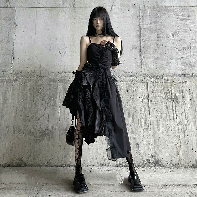Black Gothic Asymmetrical Suspender Mini Dress for Women – Sleeveless A-Line Dress