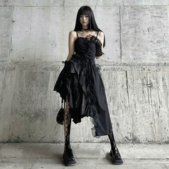 Black Gothic Asymmetrical Suspender Mini Dress for Women – Sleeveless A-Line Dress