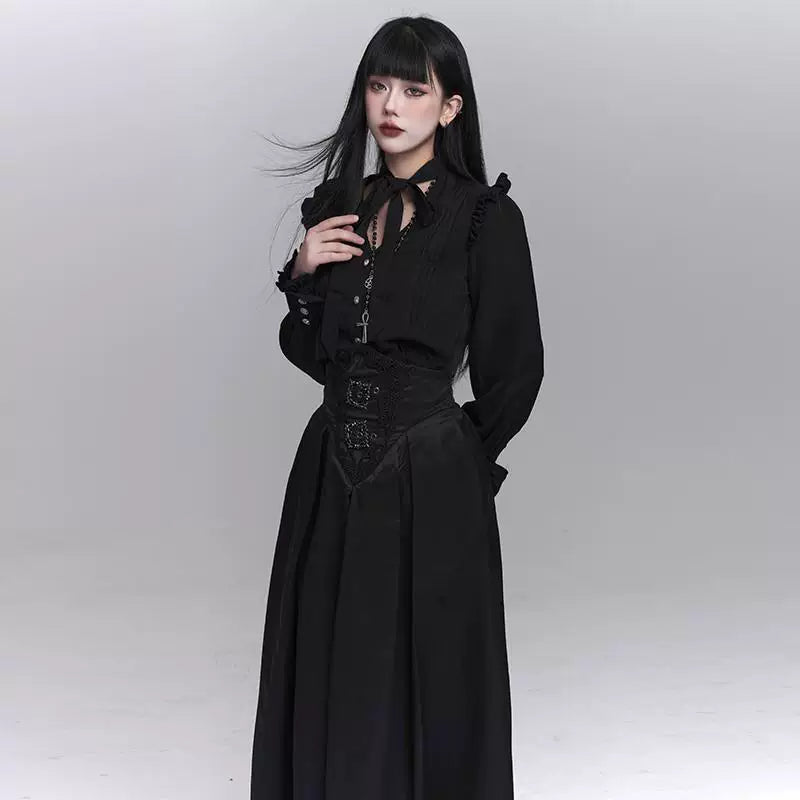 Black High-Waisted Asymmetrical Maxi Skirt for Women – Gothic A-Line Long Skirt